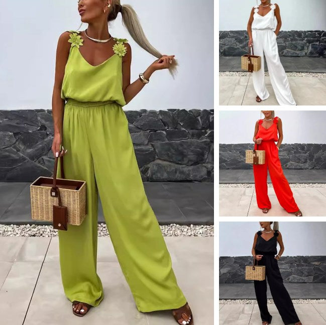 Dames - Jumpsuit zonder Mouwen - Lichte Polyester - Elegante Stijl - BLOEMENDETAIL JUMPSUIT