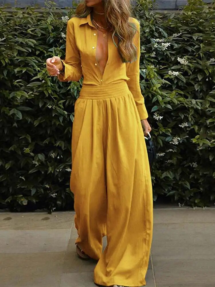 Dames - Jumpsuit met Lange Mouwen - Knoopsluiting, Wijde Pijpen - Lente/Zomer Outfit - Arlette Stijlvolle Jumpsuit