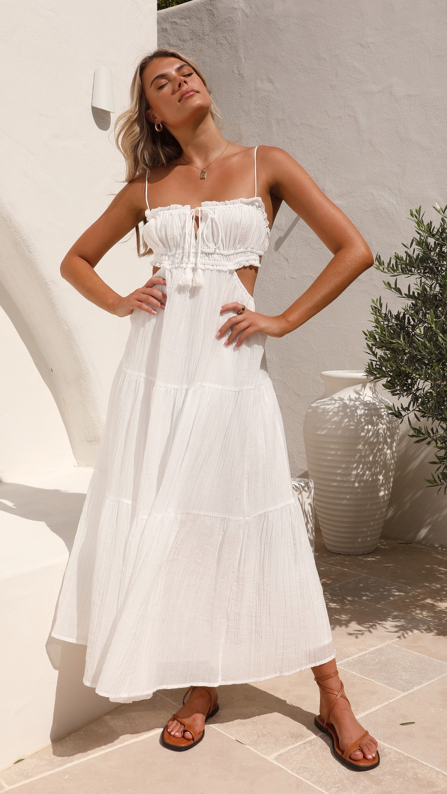 Dames - Zomer Midi Jurk - Uitgesneden Buste en Tailleband - Elegante Zomeroutfit - ANAHI JURK