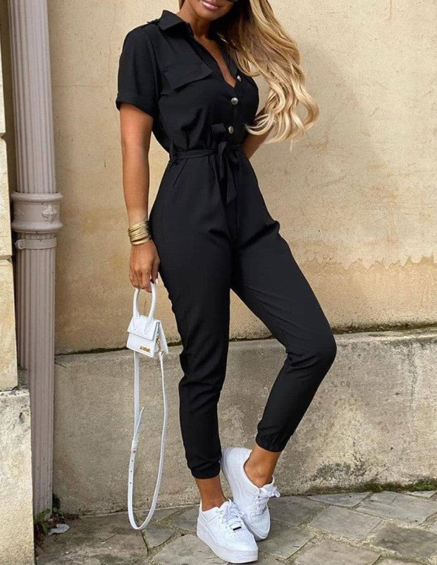 Damesjumpsuit met korte mouwen en taille-riem – SERENA FORMÉ