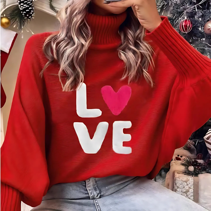 Coltrui - Dames - Lange Mouwen Hoge Kraag Losvallende Pasvorm Love Print Hartaccent - Hartjesprint Trui - AVA