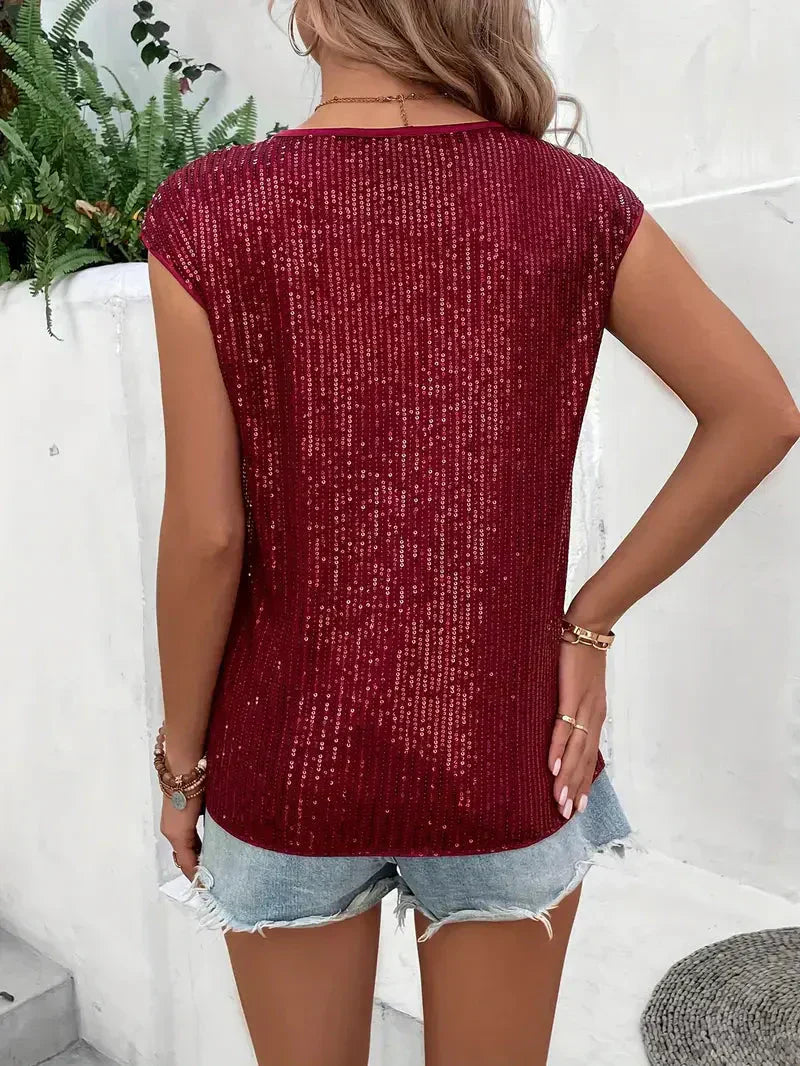 Vrouwen - Mouwloze Top - Glittermateriaal - Elegante Feestoutfit - GLAMOUR SHINE
