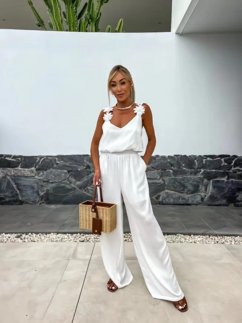 Dames - Jumpsuit zonder Mouwen - Lichte Polyester - Elegante Stijl - BLOEMENDETAIL JUMPSUIT