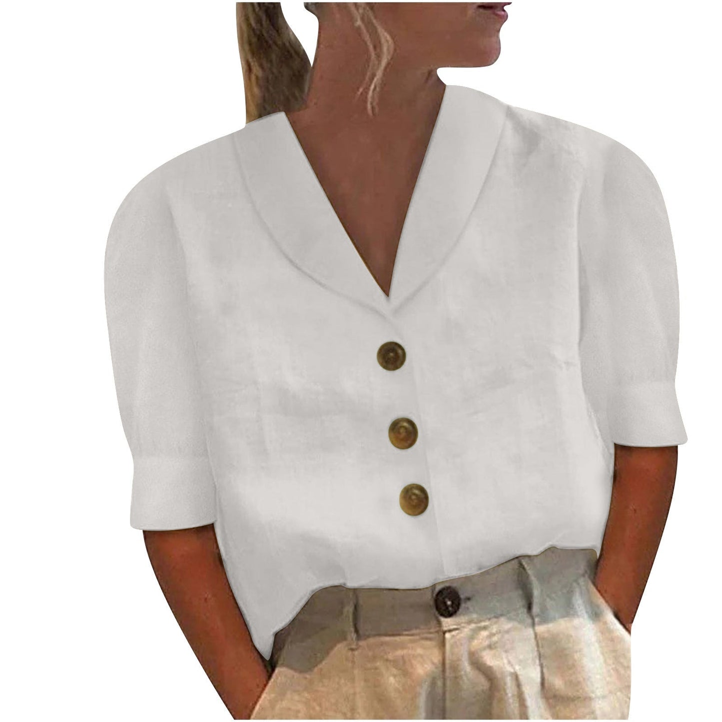 Dames - Losse Zomertop - Katoen en Linnen - Ademend Comfort - V-hals Shirt
