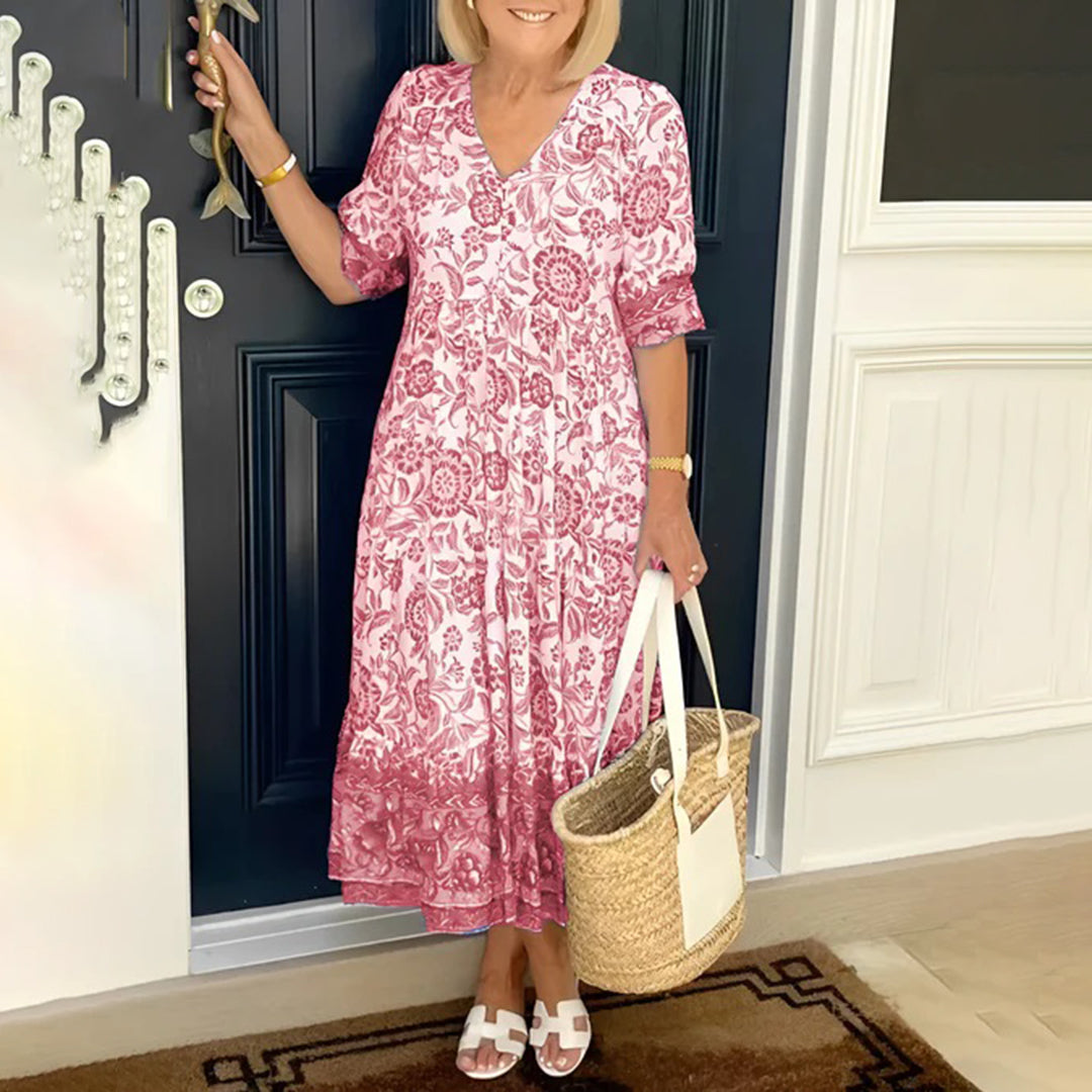 Dames - Casual Midi-Jurk - Comfortabele Bloemenprint - Zomer Mode - ELEGANTE STIJL