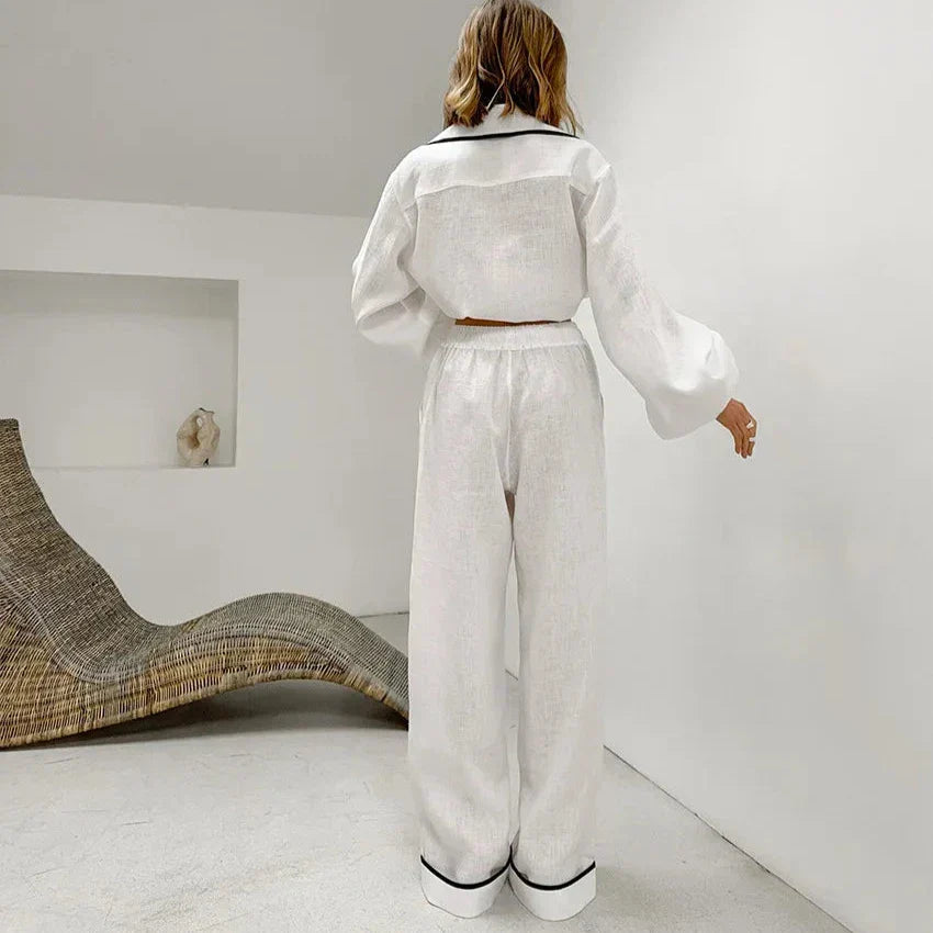 Satijnen dames pyjamaset met contrasterende paspels – AMELISE ÉDITION