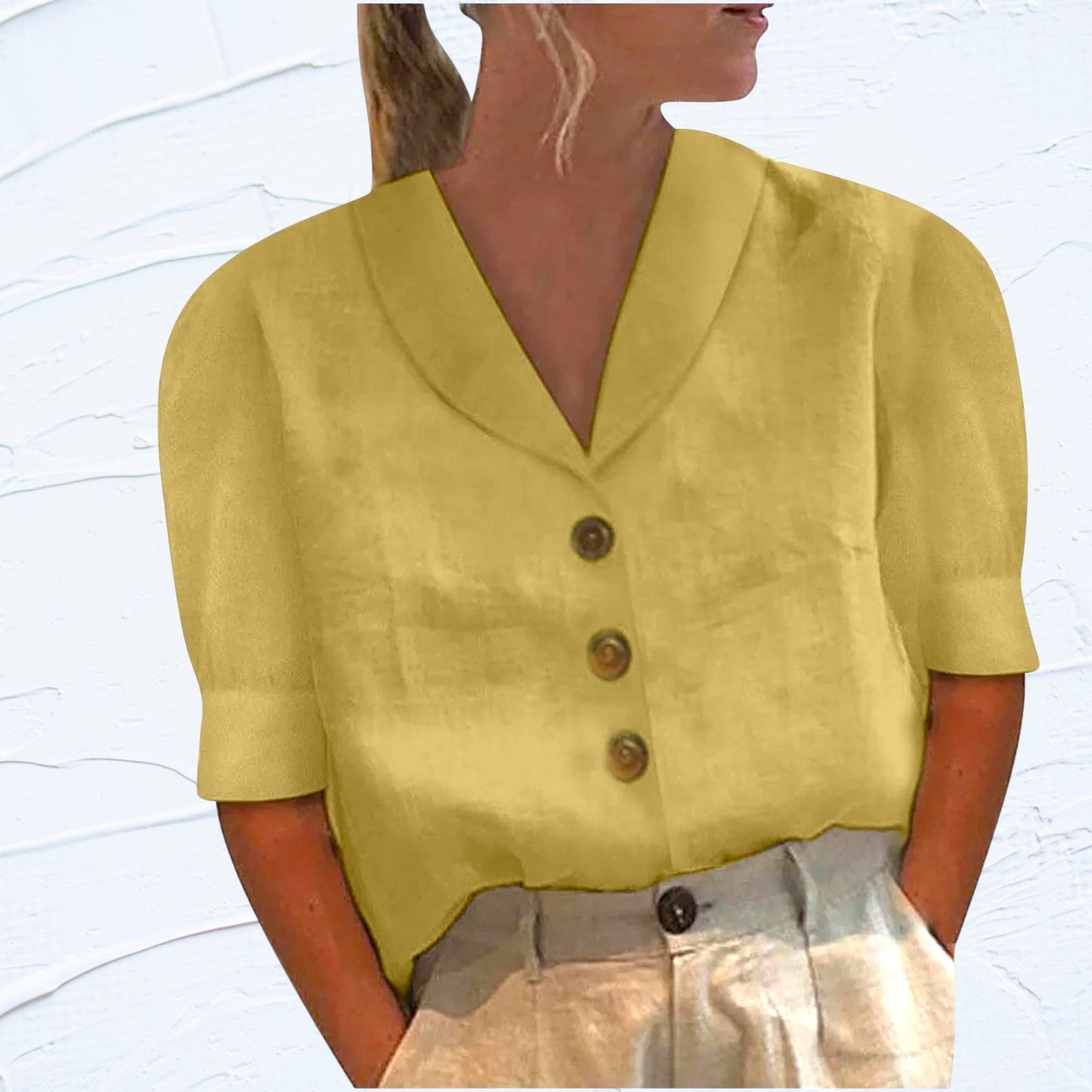 Dames - Losse Zomertop - Katoen en Linnen - Ademend Comfort - V-hals Shirt