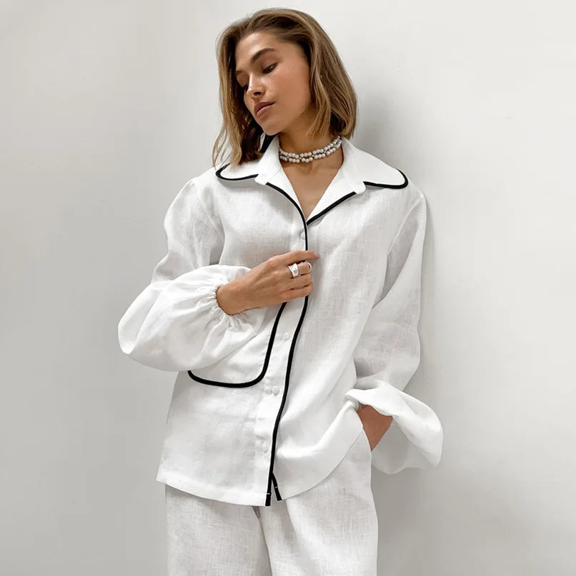 Satijnen dames pyjamaset met contrasterende paspels – AMELISE ÉDITION
