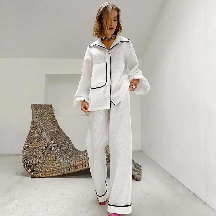 Satijnen dames pyjamaset met contrasterende paspels – AMELISE ÉDITION