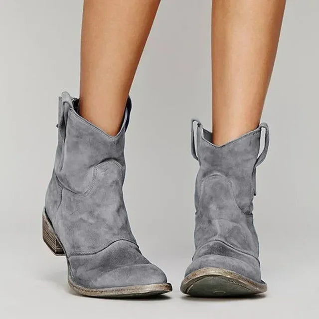 Vintage cowboy enkellaarsjes met borduurdetails en lage hak – RavinaWest