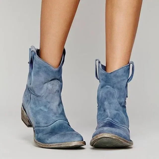 Vintage cowboy enkellaarsjes met borduurdetails en lage hak – RavinaWest