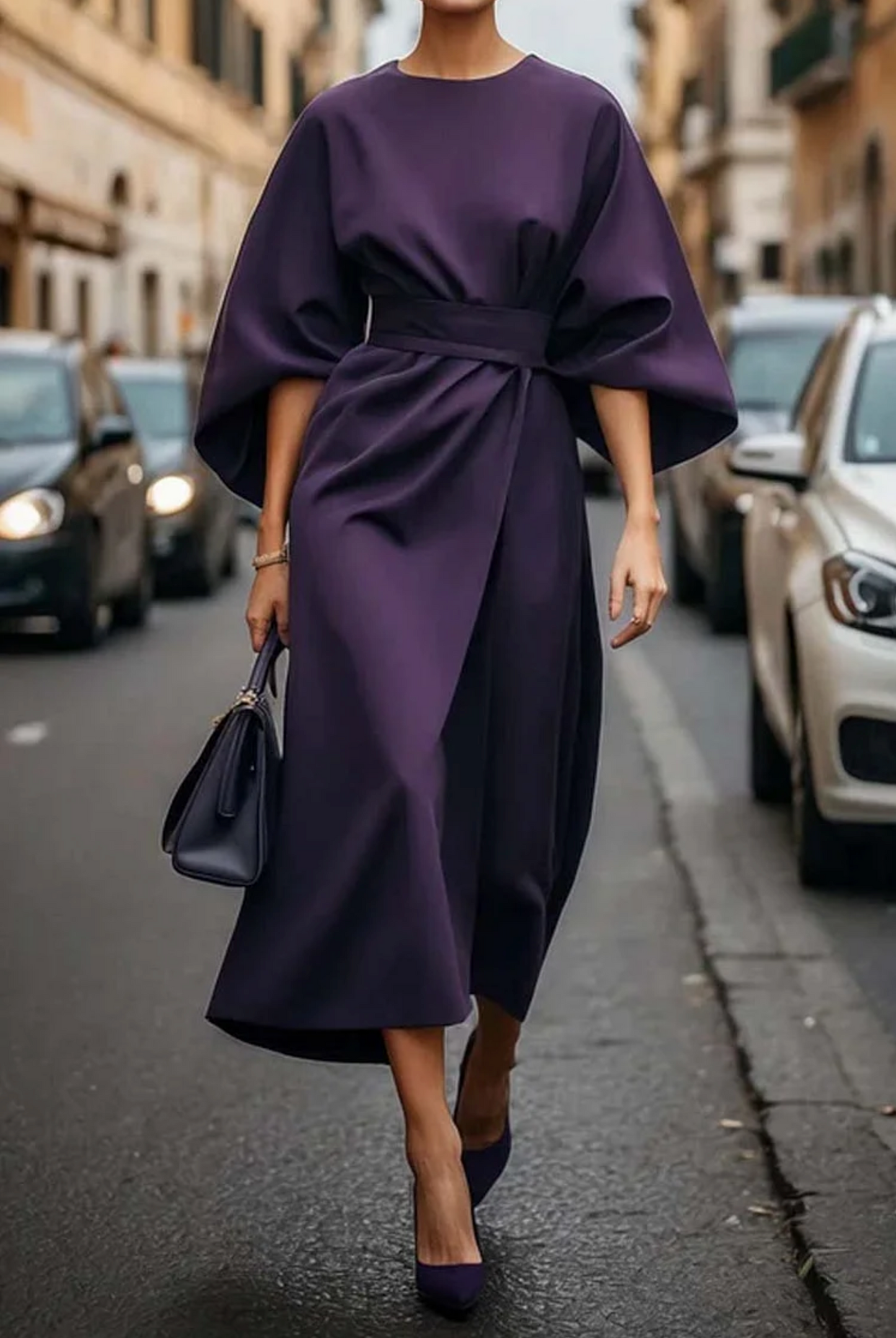 Lange damesjurk met diepe V-hals en elegante taille – ElaraSole