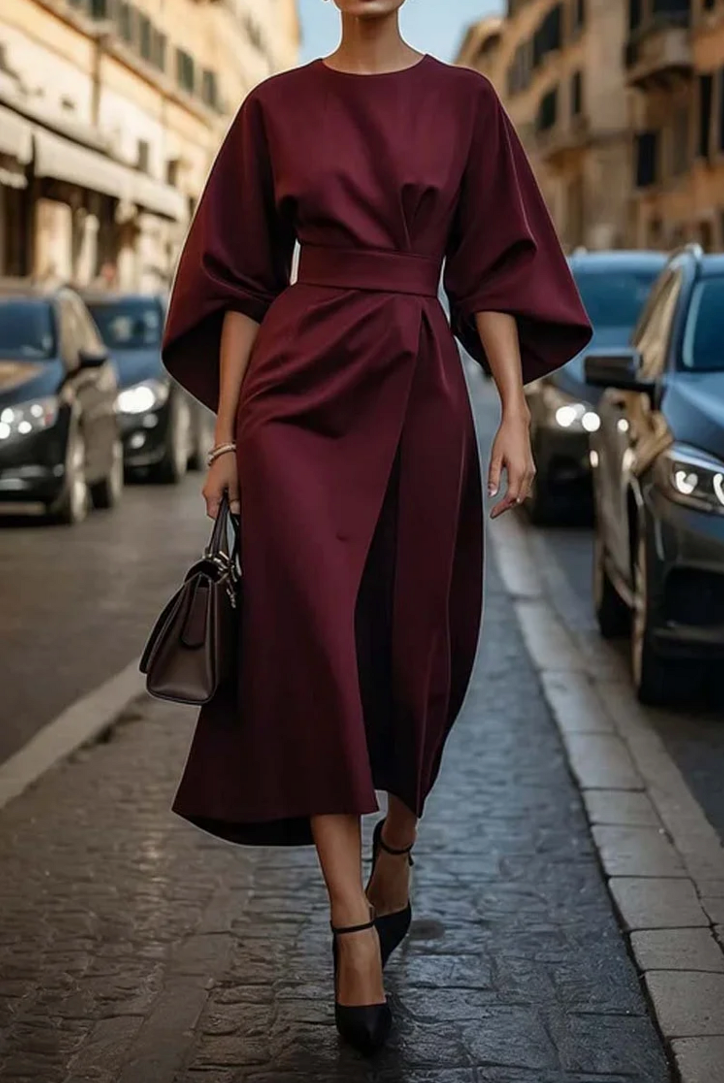 Lange damesjurk met diepe V-hals en elegante taille – ElaraSole