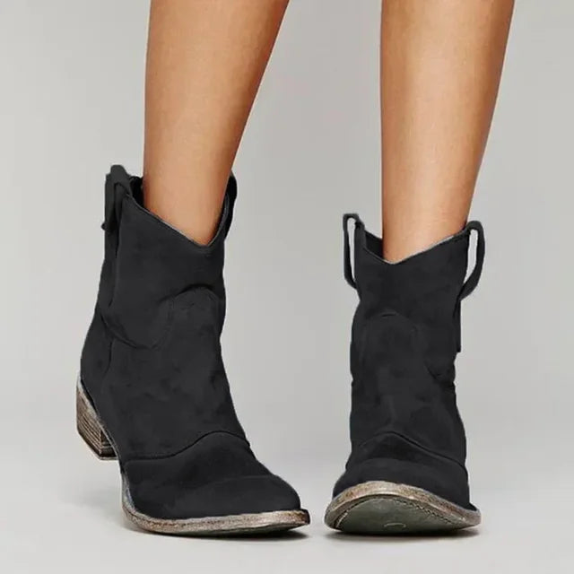 Vintage cowboy enkellaarsjes met borduurdetails en lage hak – RavinaWest