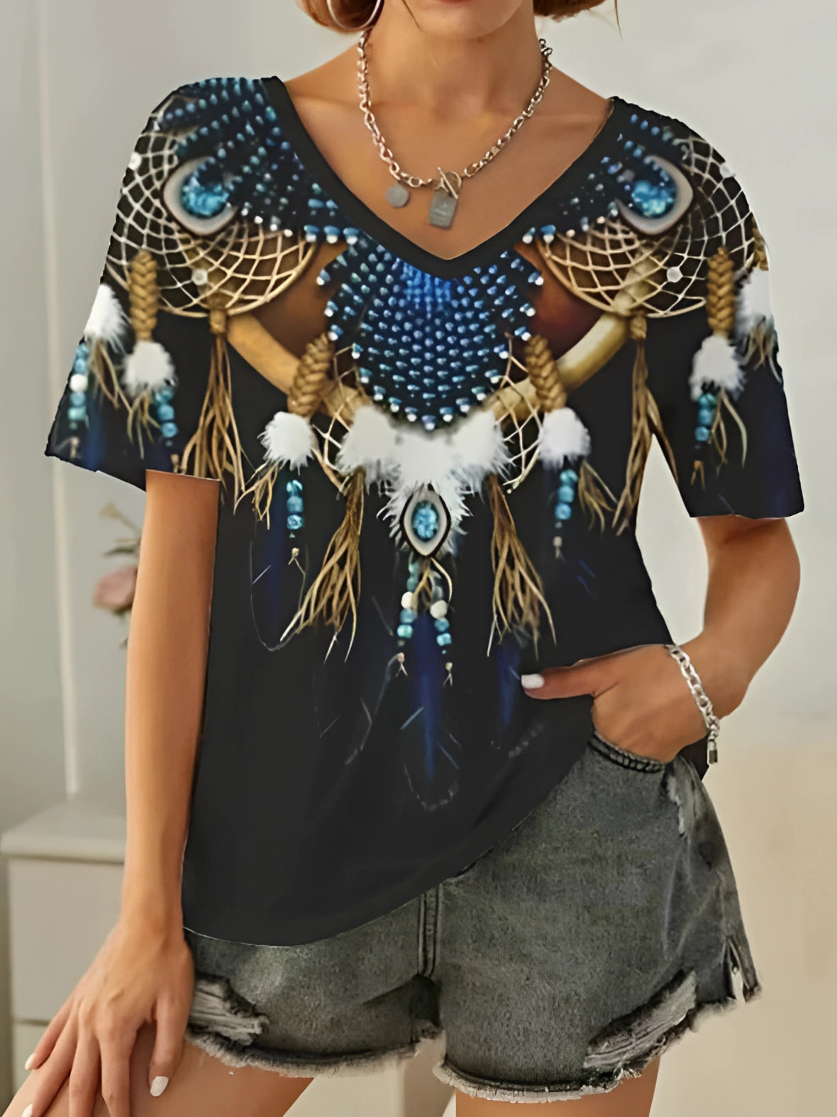 Dames - Losse Fit T-shirt - Boho Tribal Print - Casual Mode - YSOLT EDGE