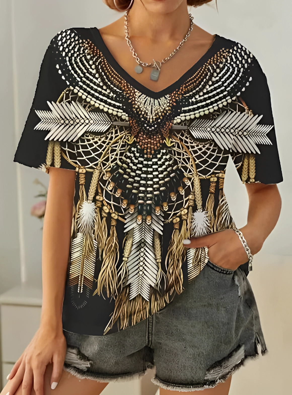 Dames - Losse Fit T-shirt - Boho Tribal Print - Casual Mode - YSOLT EDGE