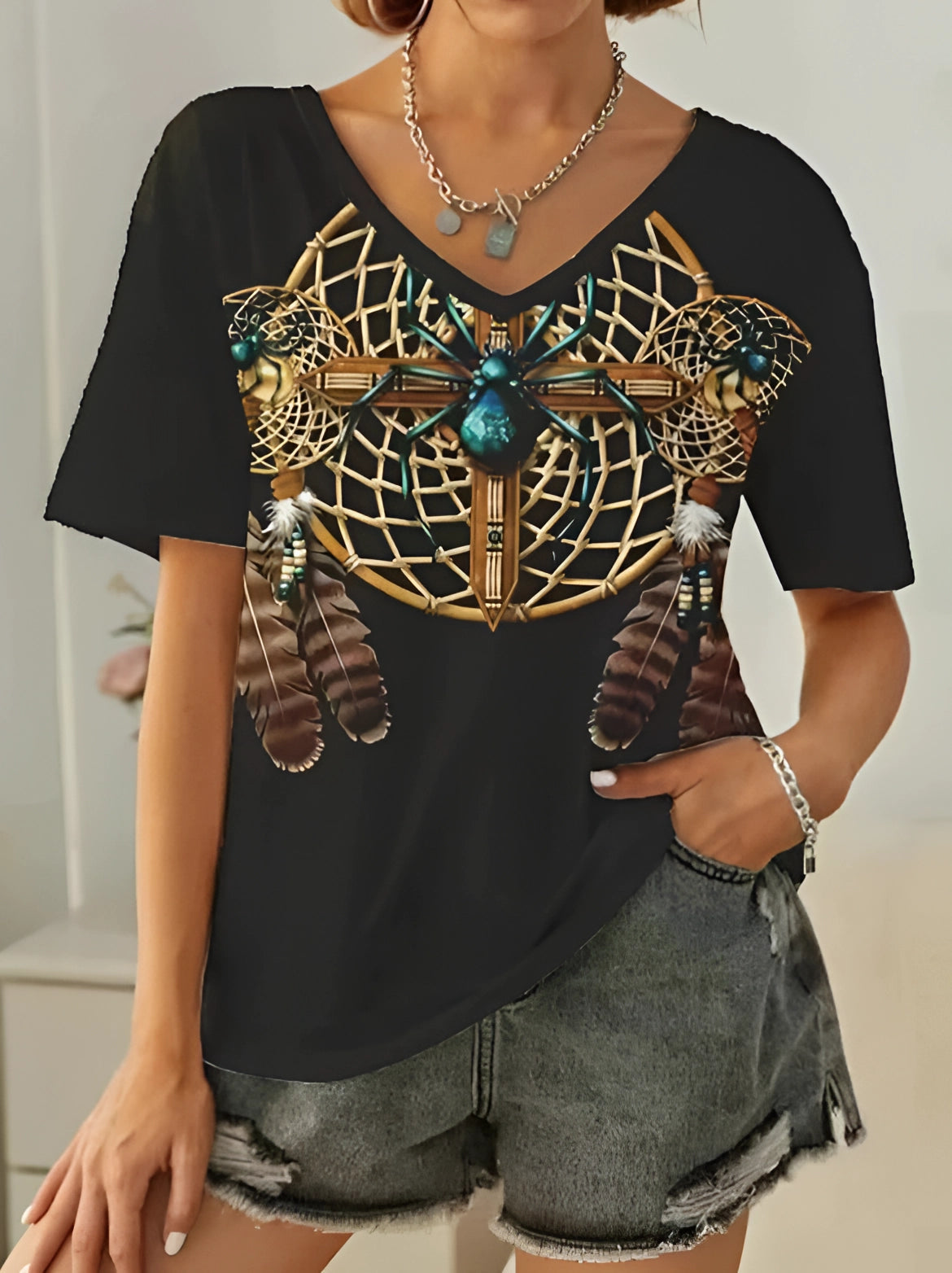 Dames - Losse Fit T-shirt - Boho Tribal Print - Casual Mode - YSOLT EDGE