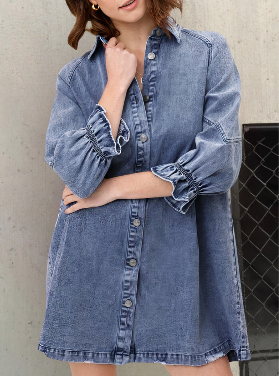 Stijlvolle denim overhemdjurk met lange mouwen – Denvara CityDress