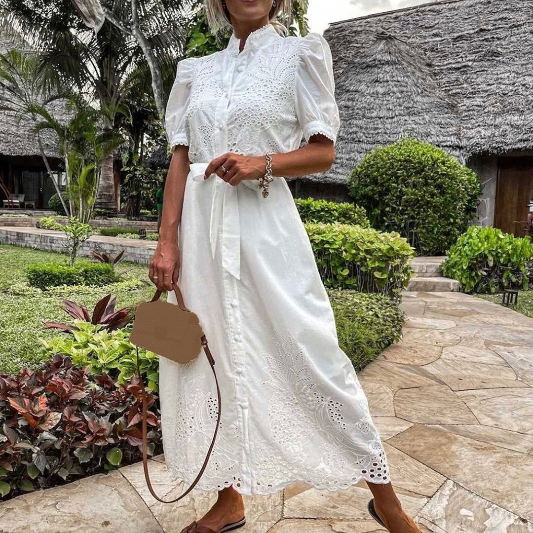 Elegante dames maxi-jurk met vloeiende pasvorm en lange mouwen – Aurélise GraceLine