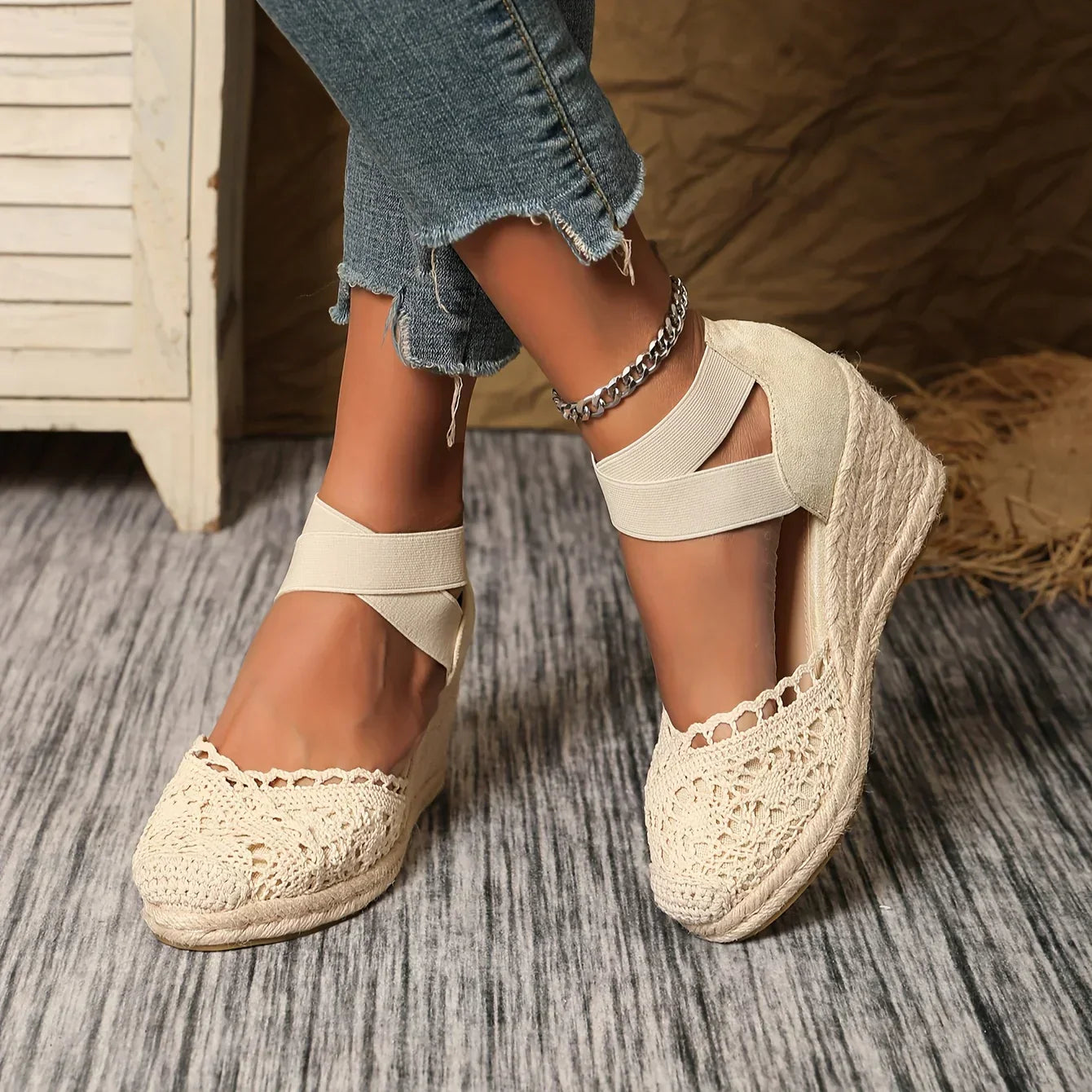 Sleehak Schoen - Dames - Gehaakt Detail - Elegante Stijl - LUCHEN KLASSE