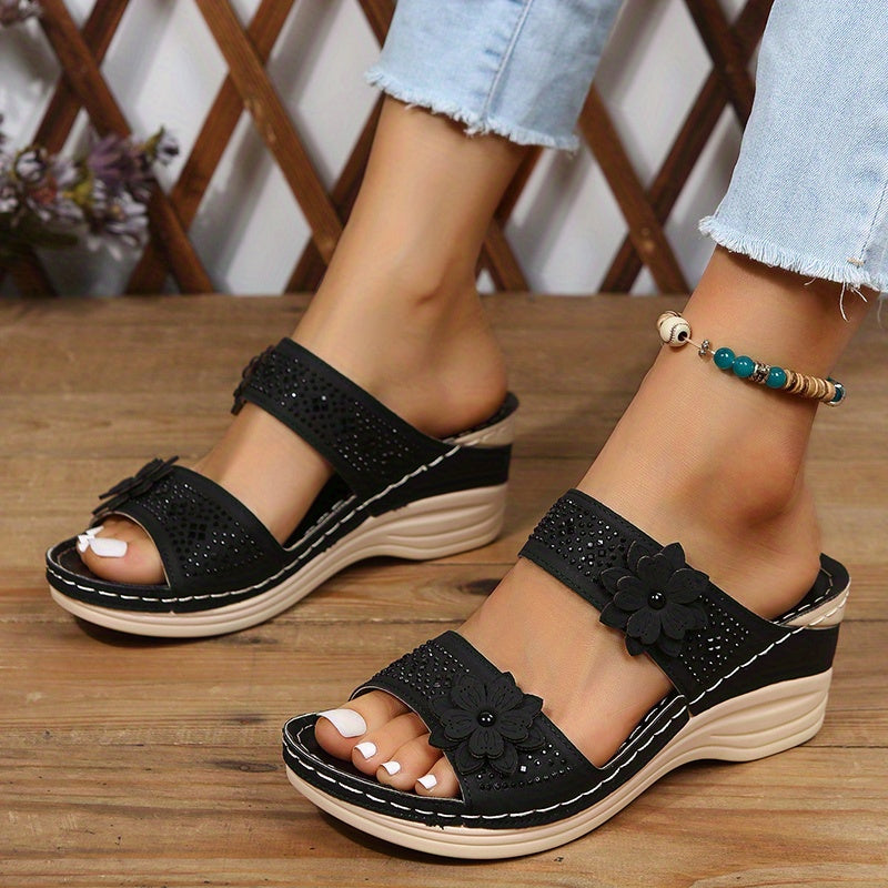 Dames - Sleehakken Sandalen - Met Bloem en Strass - Comfortabele Steunzolen - ELEGANTIE