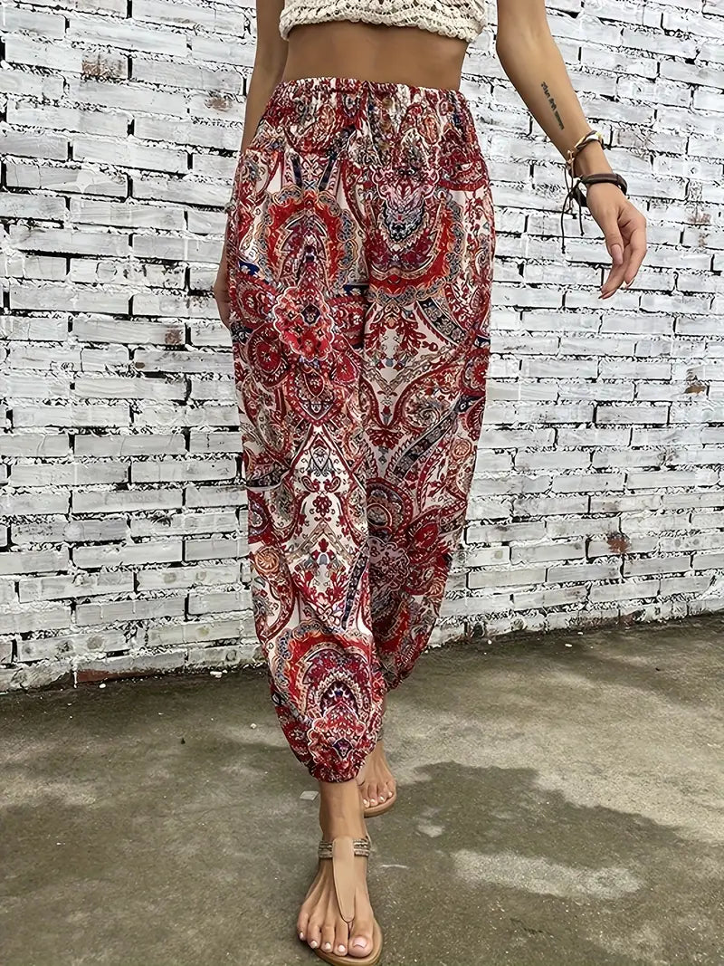 Dames - Boho-chique Broek - Gesmokte Taille - Etnische Grafische Print - VRIJHEID STIJL