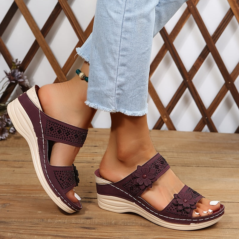 Dames - Sleehakken Sandalen - Met Bloem en Strass - Comfortabele Steunzolen - ELEGANTIE