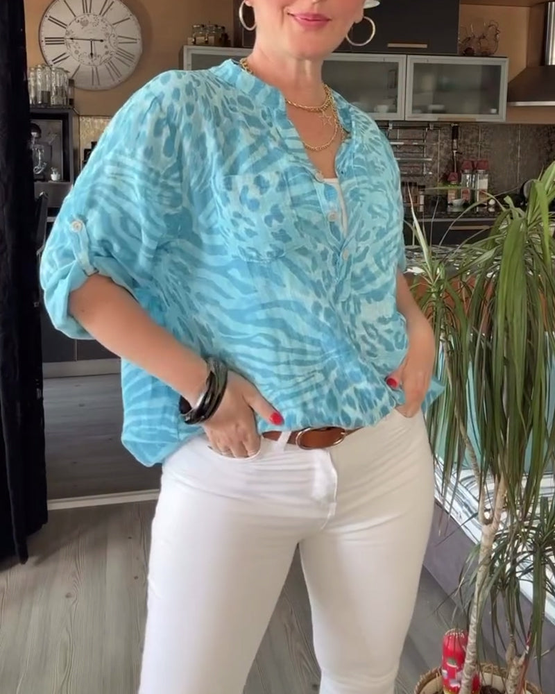 Bedrukte Blouse - Dames - Katoenblend - Casual Mode - V-Hals Stijl
