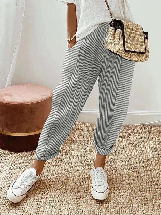 Luchtige gestreepte damesbroek met elastische taille – LineaBreeze