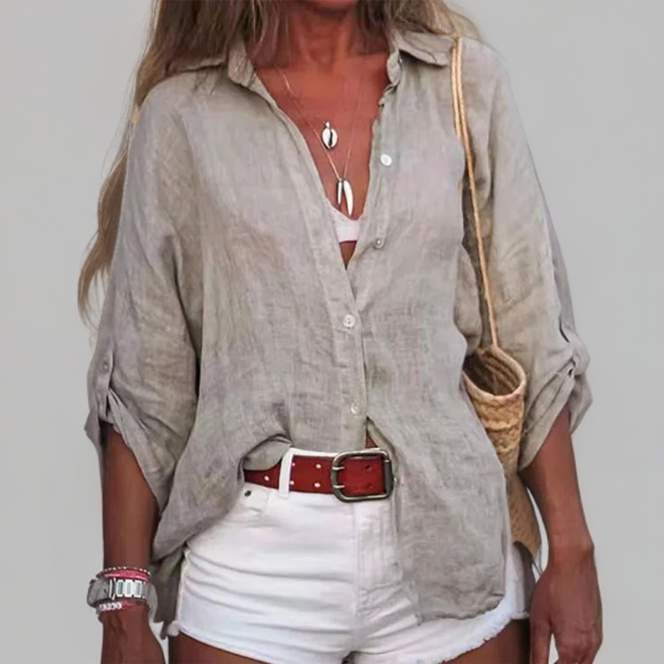 Luchtige dames linnen blouse met opgerolde mouwen – AluraLite LinenTop