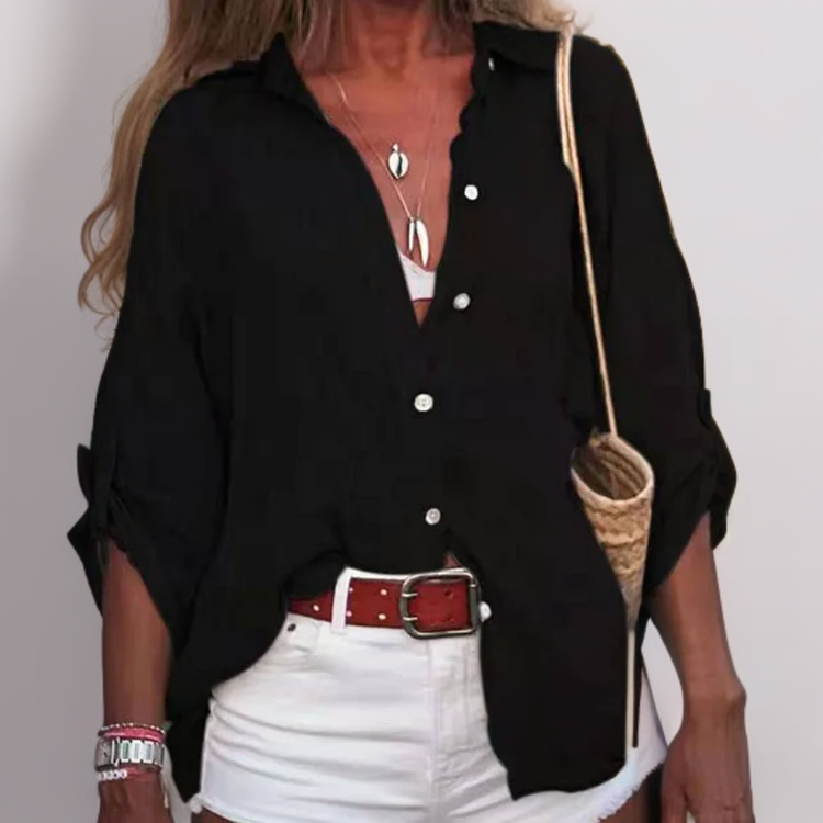 Luchtige dames linnen blouse met opgerolde mouwen – AluraLite LinenTop