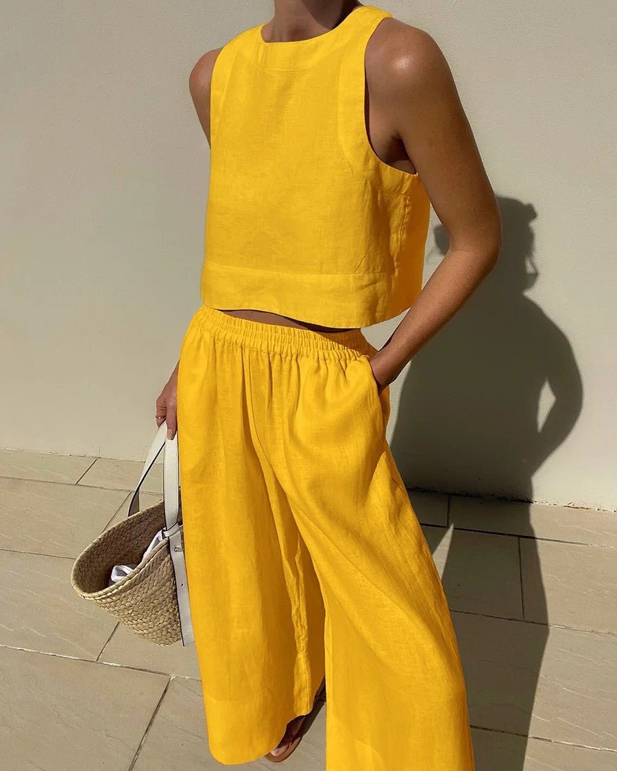 Tweedelige dames zomerset met cropped top en high waist broek – VIVA LINÉA