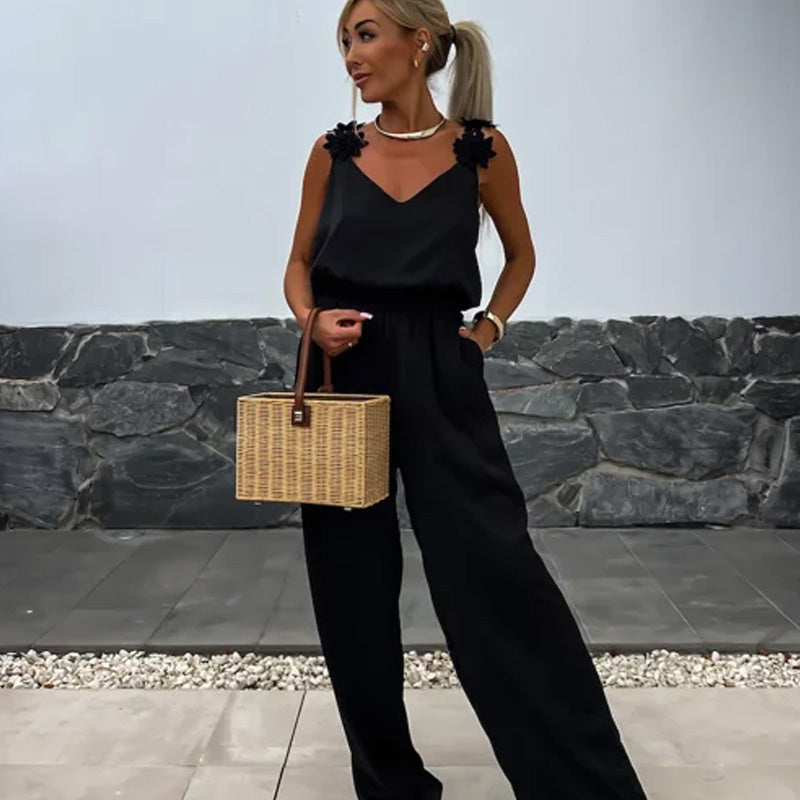Dames - Jumpsuit zonder Mouwen - Lichte Polyester - Elegante Stijl - BLOEMENDETAIL JUMPSUIT