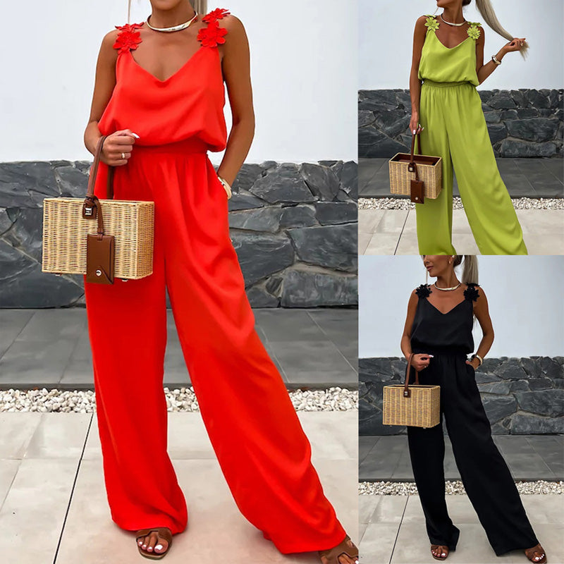 Dames - Jumpsuit zonder Mouwen - Lichte Polyester - Elegante Stijl - BLOEMENDETAIL JUMPSUIT