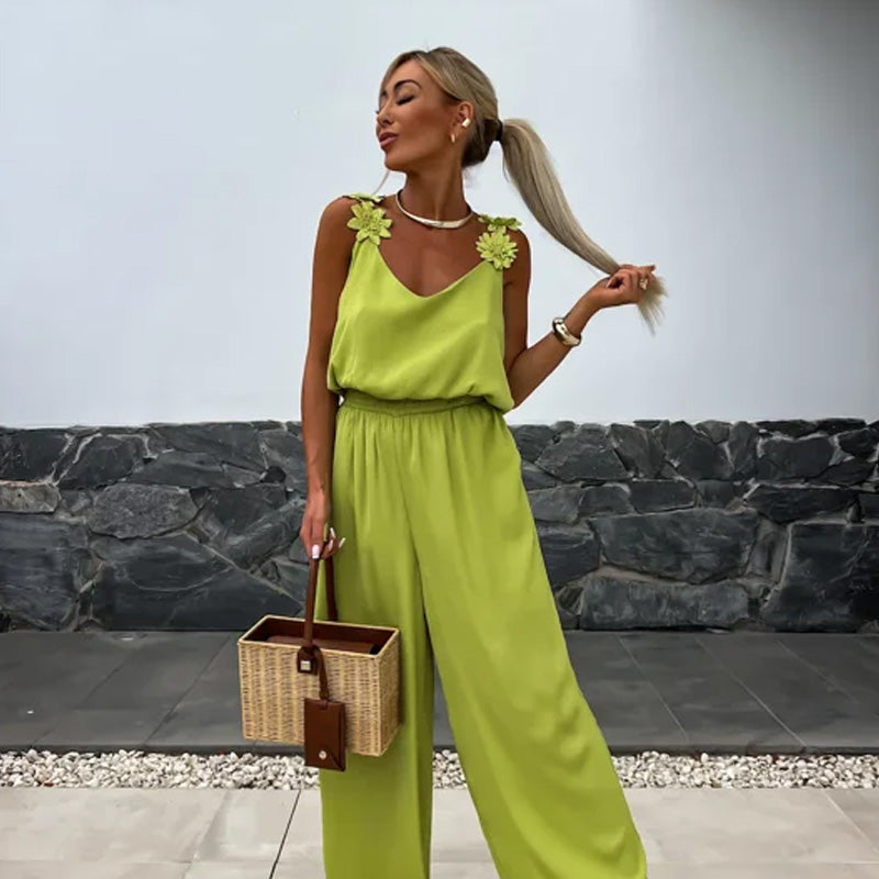 Dames - Jumpsuit zonder Mouwen - Lichte Polyester - Elegante Stijl - BLOEMENDETAIL JUMPSUIT