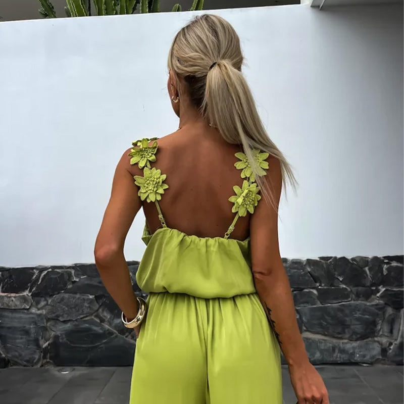 Dames - Jumpsuit zonder Mouwen - Lichte Polyester - Elegante Stijl - BLOEMENDETAIL JUMPSUIT