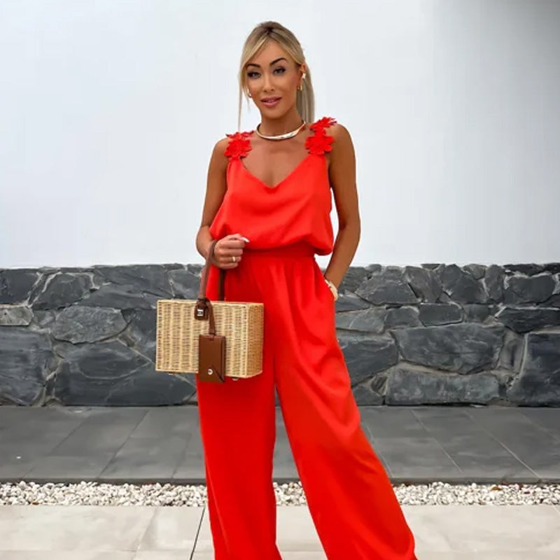 Dames - Jumpsuit zonder Mouwen - Lichte Polyester - Elegante Stijl - BLOEMENDETAIL JUMPSUIT
