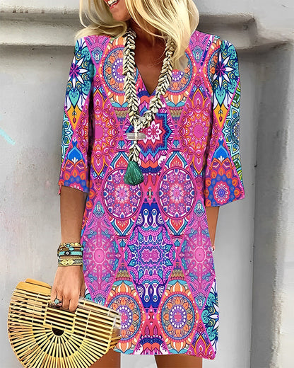 ZARELLE – Midi-Jurk met Geometrische Print en 3/4 Mouwen