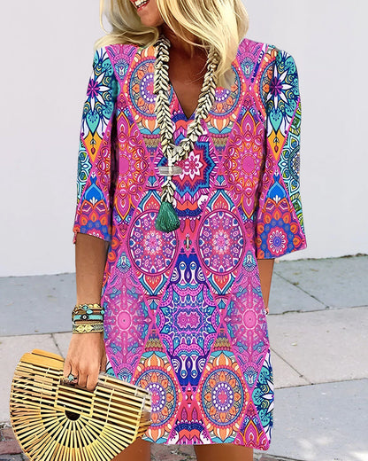 ZARELLE – Midi-Jurk met Geometrische Print en 3/4 Mouwen