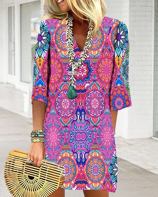 ZARELLE – Midi-Jurk met Geometrische Print en 3/4 Mouwen