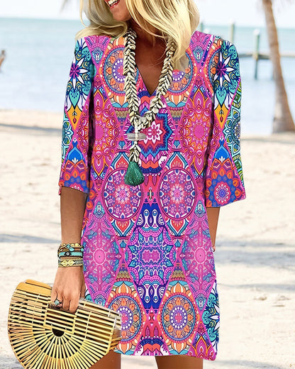 ZARELLE – Midi-Jurk met Geometrische Print en 3/4 Mouwen