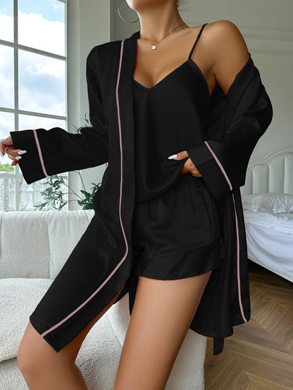 3-delige satijnen dames pyjamaset met top, short en kimono – LUNELLE SILKSET