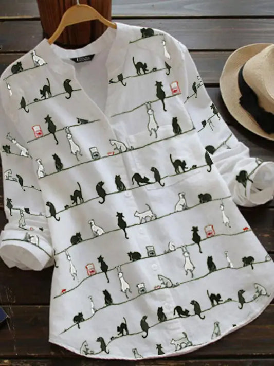 Dames - Lange Mouwen Blouse - Kattenprint - Elegante Mode - KATGENEGEN
