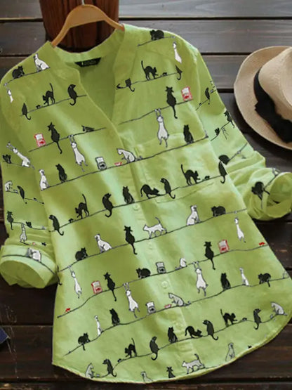 Dames - Lange Mouwen Blouse - Kattenprint - Elegante Mode - KATGENEGEN