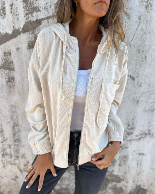 Corduroy damesjas met capuchon en ritssluiting – Cordalyn Hood