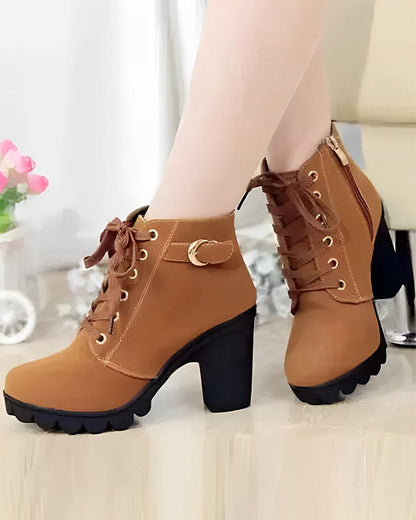 Veterschoenen - Dames - Pu Leer - Dikke Hak Schoenen - Luna