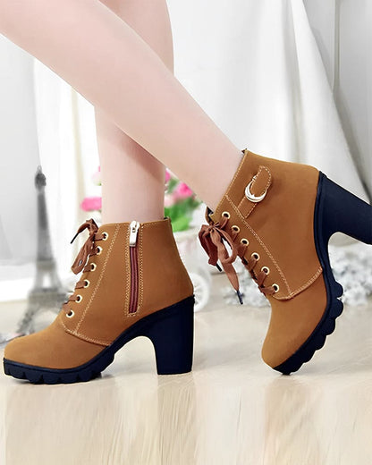 Veterschoenen - Dames - Pu Leer - Dikke Hak Schoenen - Luna
