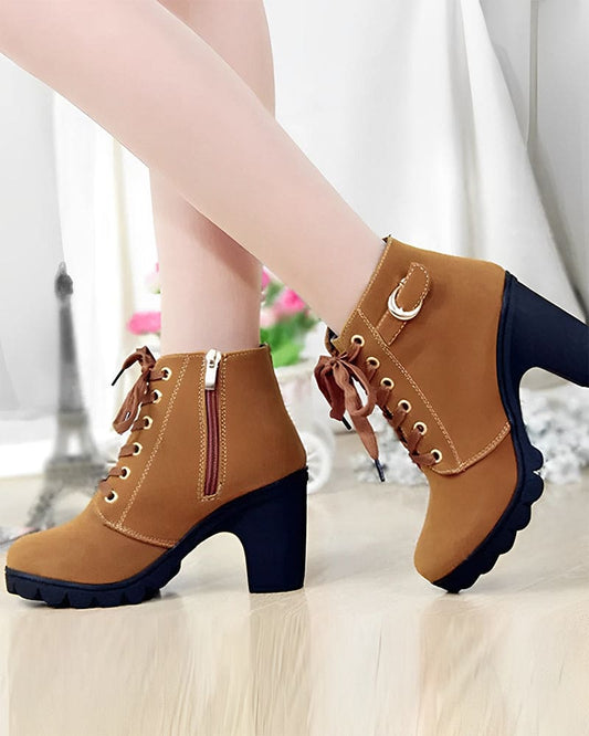 Veterschoenen - Dames - Pu Leer - Dikke Hak Schoenen - Luna