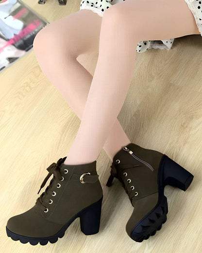 Veterschoenen - Dames - Pu Leer - Dikke Hak Schoenen - Luna