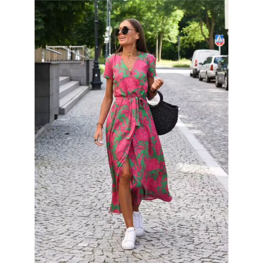 Elegante midi wikkeljurk met flatterende V-hals en ceintuur – ElvineaWrap